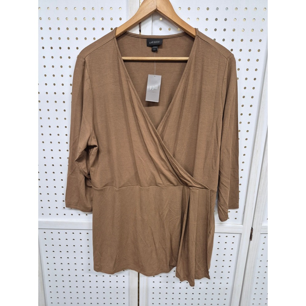 J. Jill Wearever Collection Acorn Brown Wrap Tunic Top Petite Large NWT